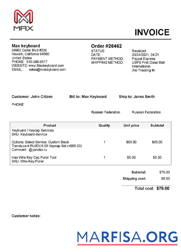 Downloadable USA Max Keyboard Company invoice template